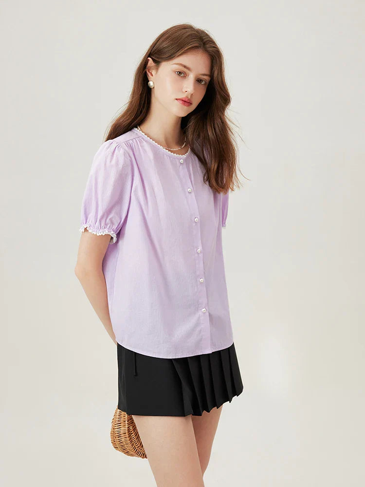 Blouse en Coton Twill Amélie Violette Charme Vintage Col Côtelé et Manches Côtelées Perles Blanches