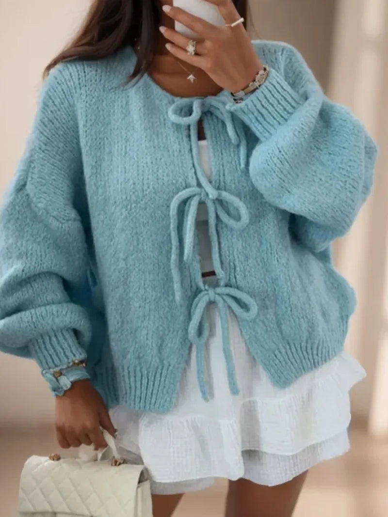 Jasmine Cardigan Tricoté Épais Hivernal Pour Femme Avec Nœud Devant Confortables