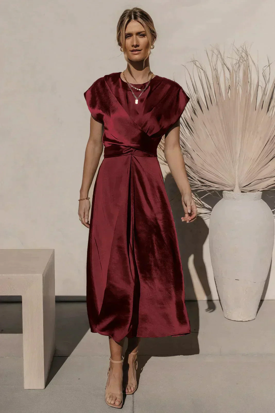 Robe Midi Femme Satinée Décolleté en V Cache Coeur Élégante Ligne A Chic Pour Journées Et Soirées