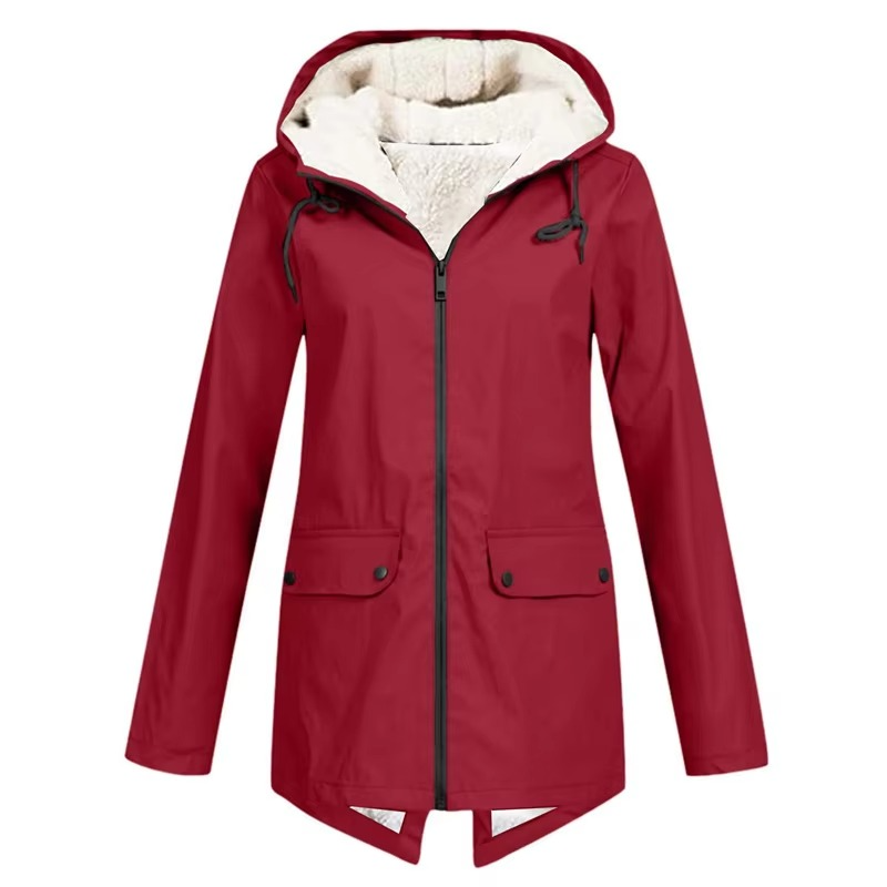 Veste Trench Imperméable À Capuche Doublée Velours Pour Automne Et Hiver Pour Femmes