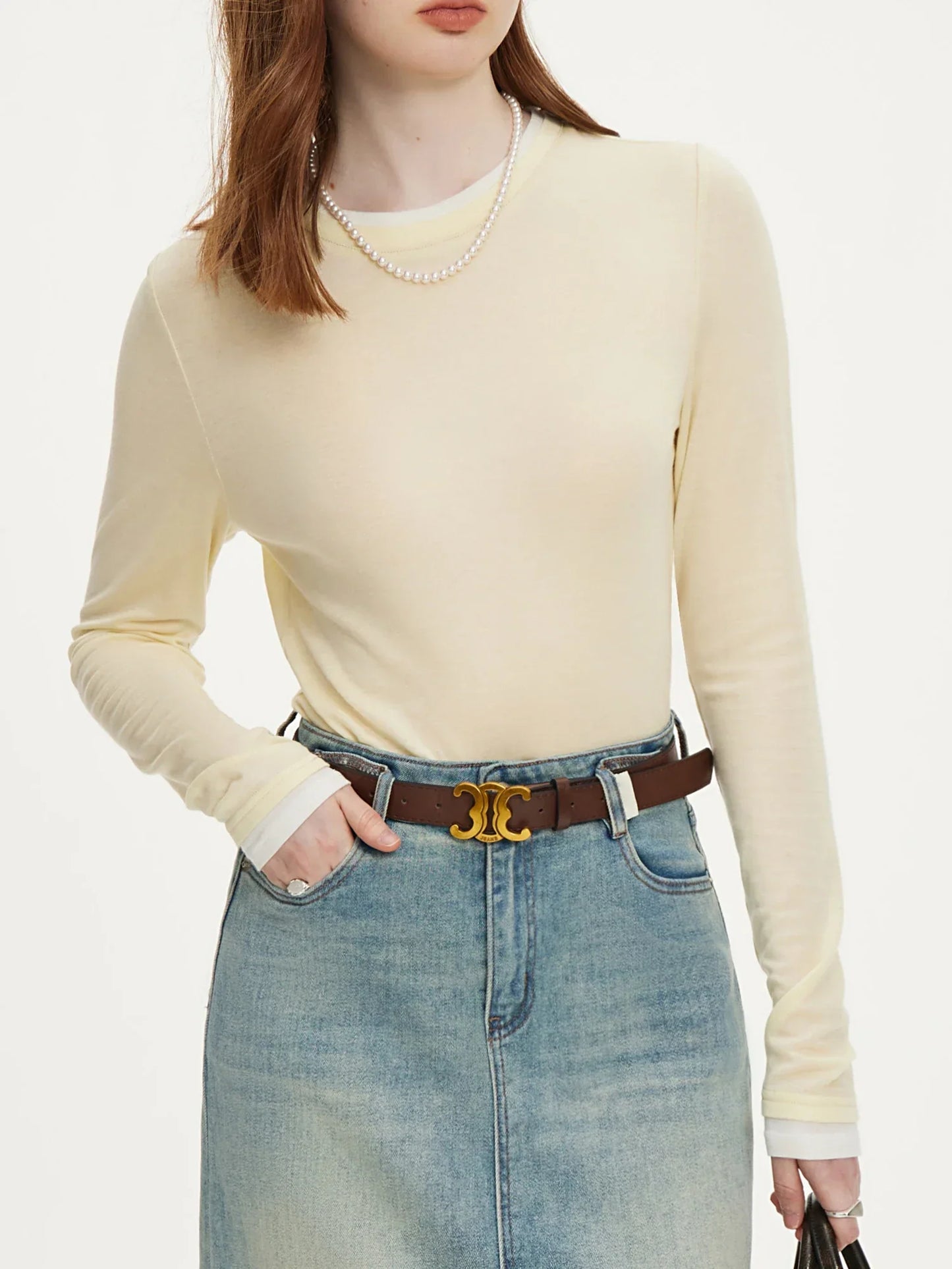 Top Manches Longues en Coton Léger Cintré Parfait pour Tenues Décontractées Celine Col Rond