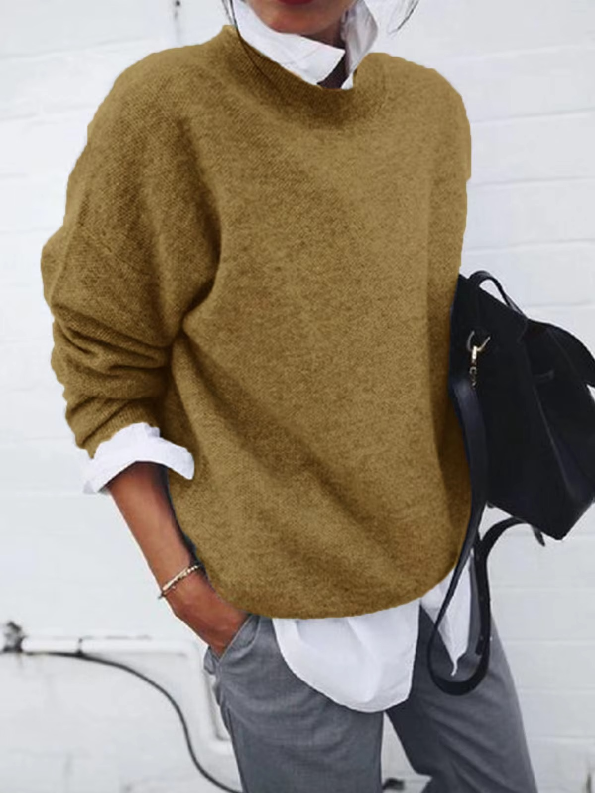 Pull En Tricot Pour Femme Avec Col Chemise Effet Deux Pièces Sans Couture Pour Tous Les Jours