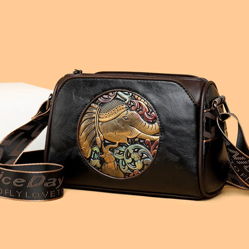 Amawinc Sac Bandoulière En Cuir Embossé Éléphant Symbole De Chance De Force Et De Sagesse