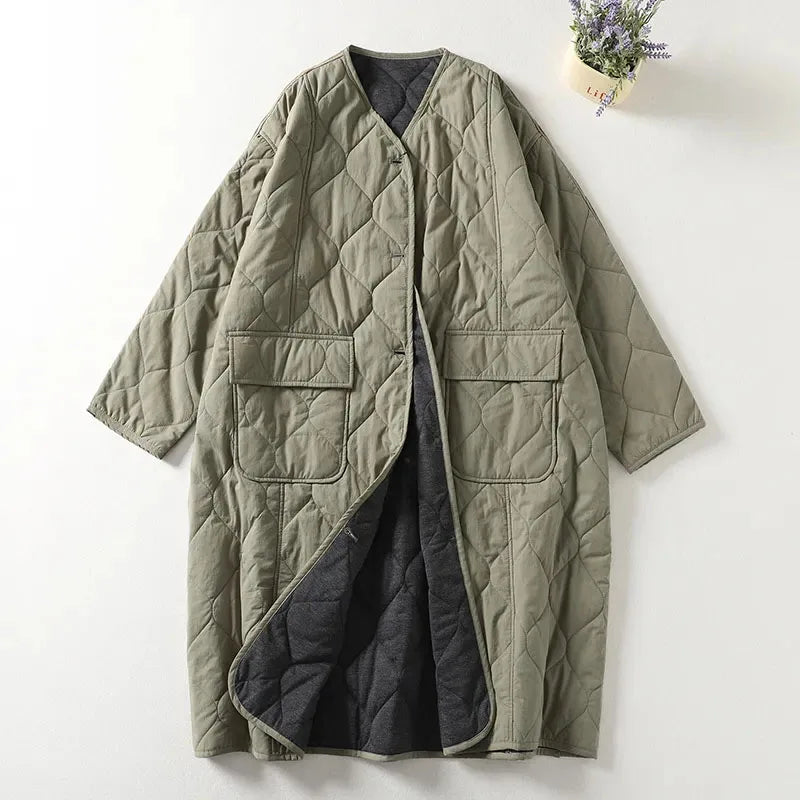 Manteau Matelassé Pour Femme Longline Oversize Col En V Sans Col Idéal Pour Hiver Et Style Quotidien