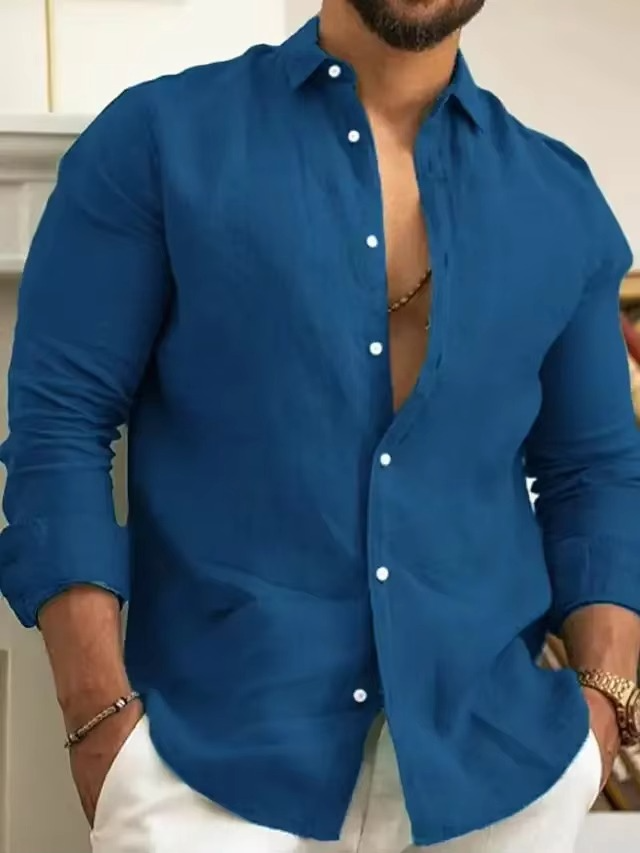 Chemise Homme Slim Fit En Coton Lin À Manches Longues Rose Confort Quotidien Style Décontracté Chic