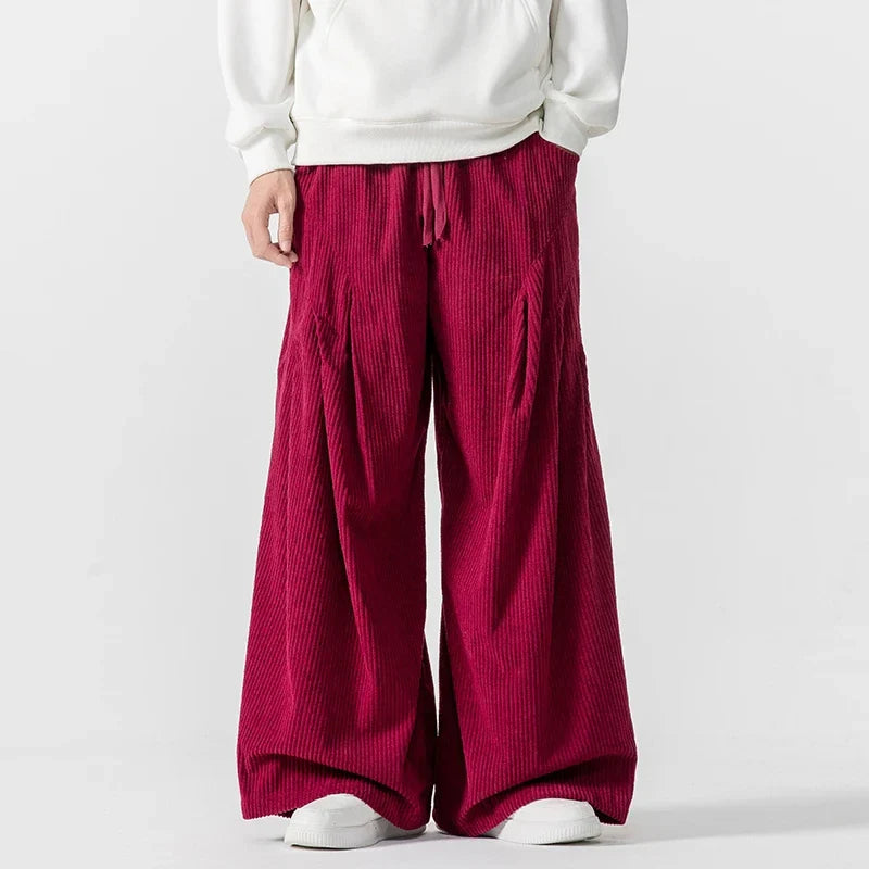 Pantalon Hakama En Velours Côtelé Large Avec Plis Et Silhouette Oversized À Taille Élastique