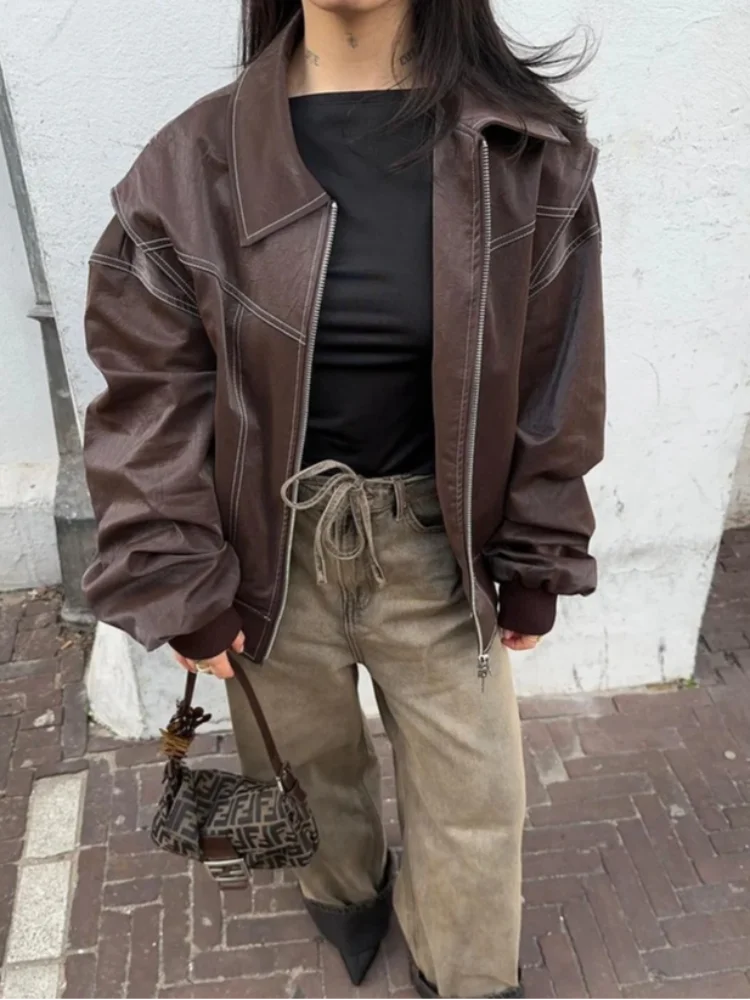 Samantha Veste Bomber En Cuir Femme Oversized Zip Zippée Décontractée Et Sophistiquée Pour Un Style Urbain