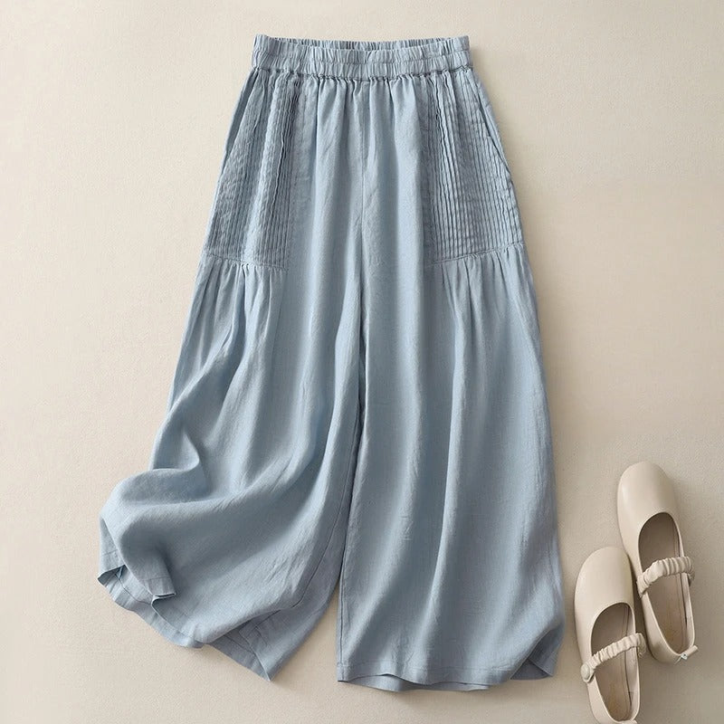 Pantalon Sharon en Lin Léger Artisanal Avec Pinces à la Taille et Coupe Courte Décontractée