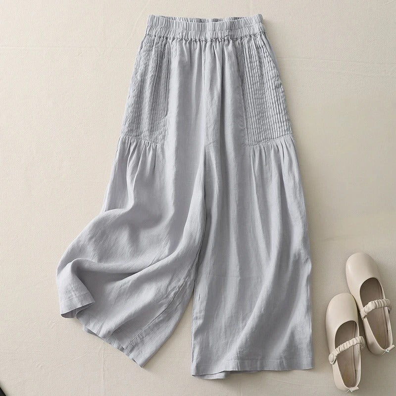 Pantalon Sharon en Lin Léger Artisanal Avec Pinces à la Taille et Coupe Courte Décontractée
