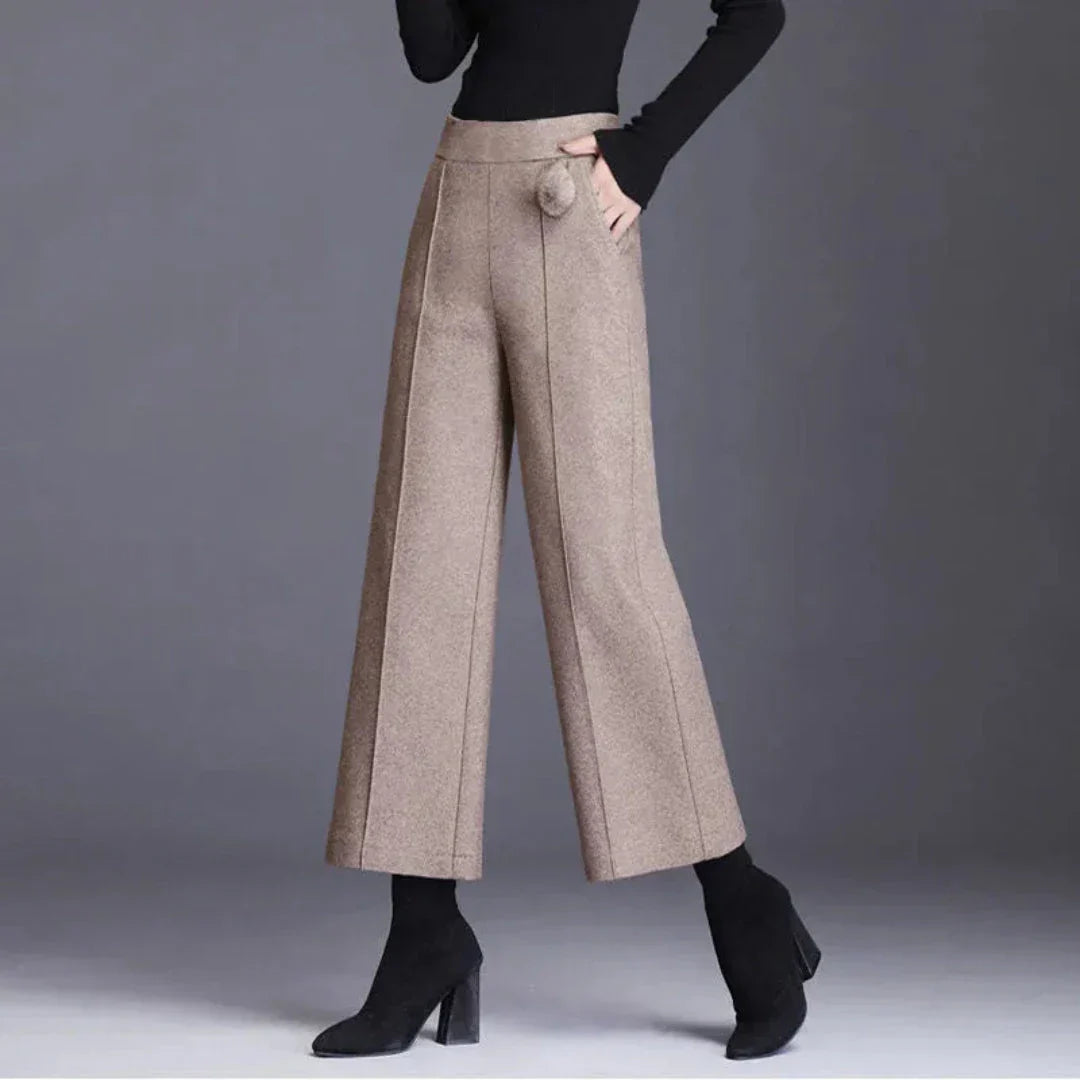 Pantalon Femme À Taille Haute En Laine Mélangée À Jambe Large Avec Plis Structurés Pour L'Hiver