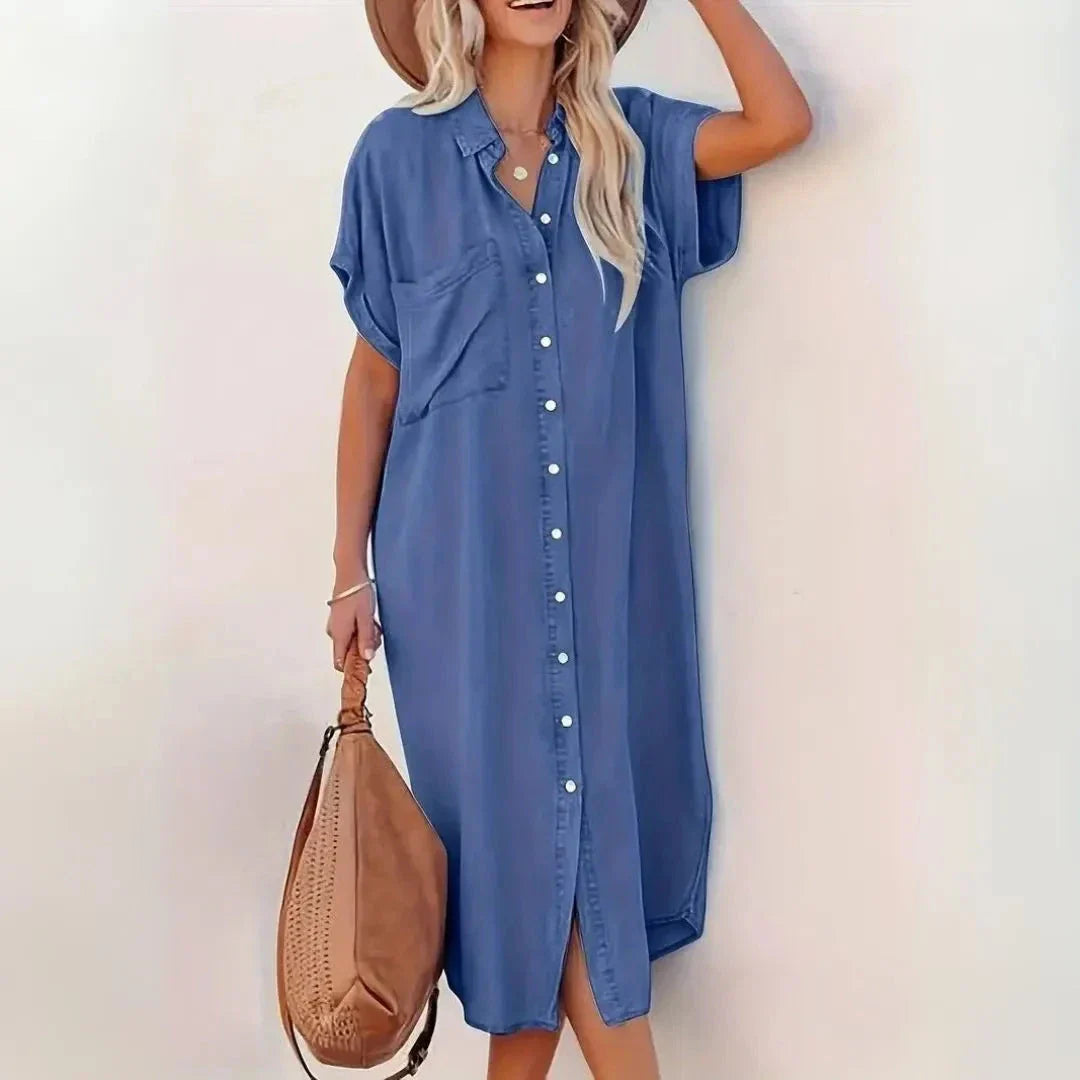 Robe Midi Chemise Denim Boutonnée Sierra Décontractée Et Polyvalente Pour Le Printemps Et Été