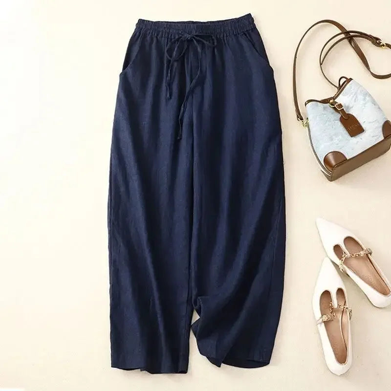 Sigal Pantalon Lin Mélangé À Jambe Large Avec Ceinture Élastique Et Cordon Confort Respirant Et Élégance Décontractée