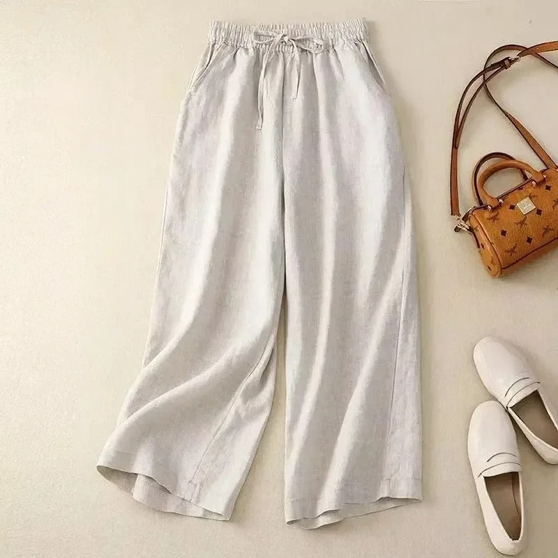 Sigal Pantalon Lin Mélangé À Jambe Large Avec Ceinture Élastique Et Cordon Confort Respirant Et Élégance Décontractée