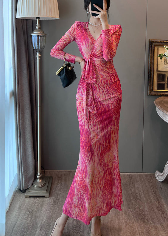 Robe de vacances d'été en tulle à imprimé rose et coupe ajustée - Amawinc