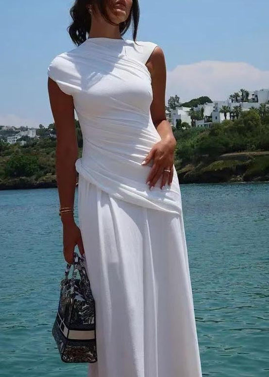 Robe portefeuille en coton froissé blanc patchwork, coupe ajustée, sans manches - Amawinc