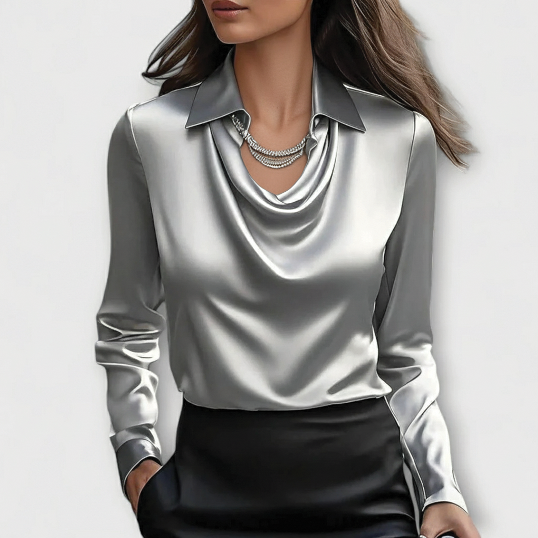 Scarlett Blouse Satinée Drapée Col Drapé Élégante Idéale Pour Le Travail Et Soirées Polyvalente