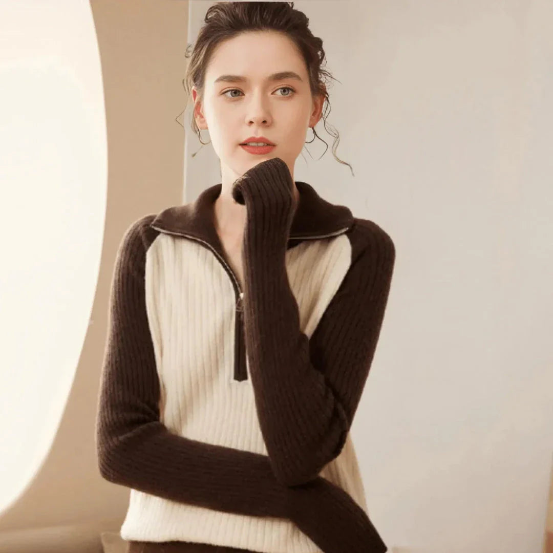Pull Demi Zip En Cachemire Mélangé Avec Manches Contrastées Et Col Montant Doux Et Chaleureux