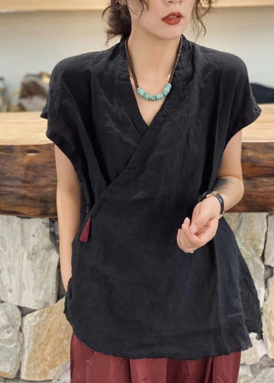 Haut noir simple à col en V et manches courtes avec pompons et ceinture nouée - Amawinc