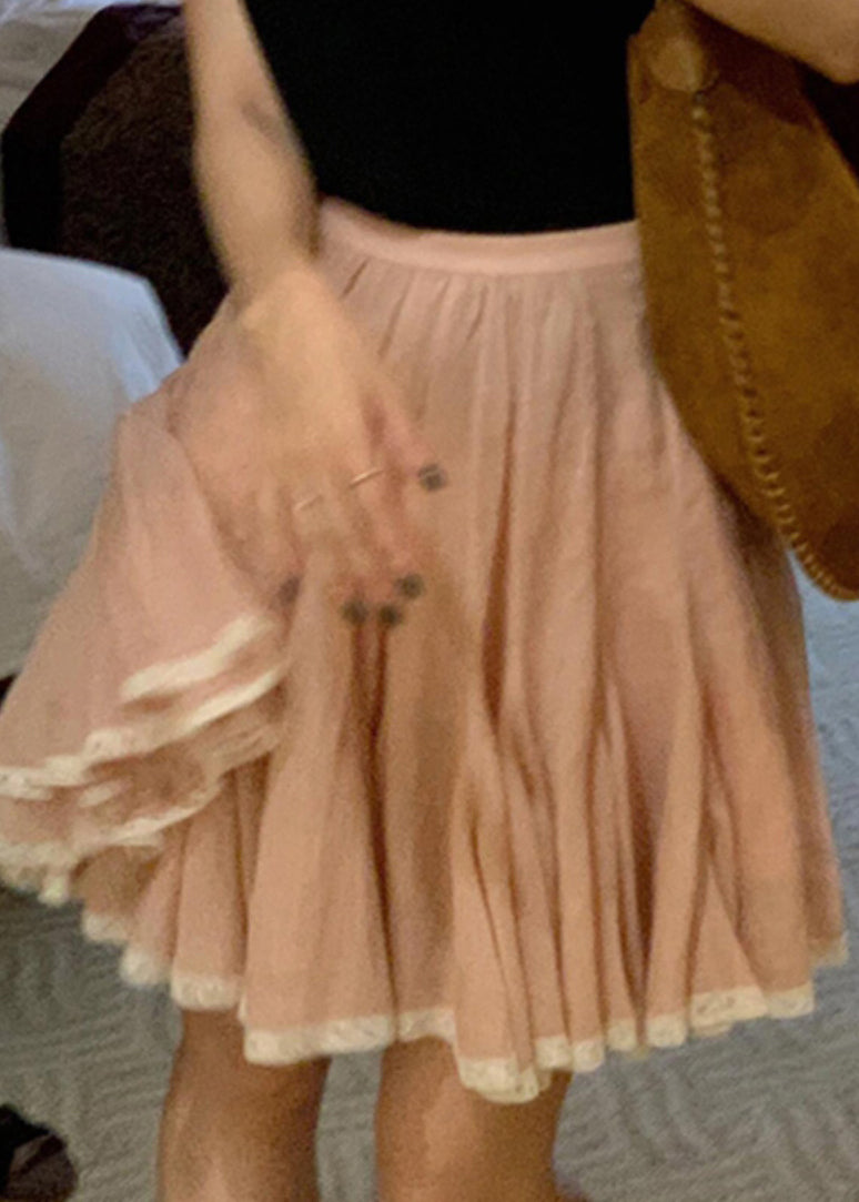 Jupe trapèze simple en dentelle rose patchwork pour l'été - Amawinc
