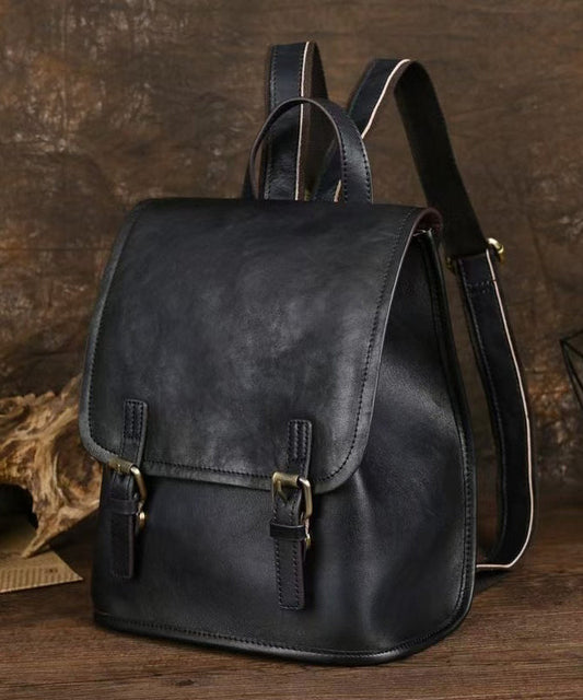 Sac à dos simple en cuir de veau noir de grande capacité - Amawinc