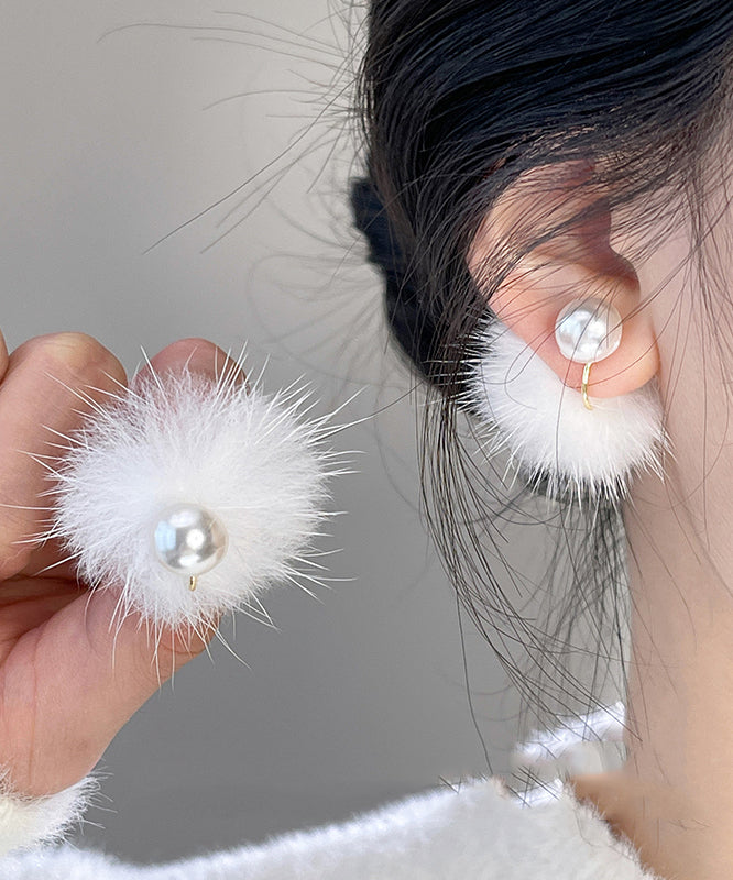 Boucles d'oreilles à tige simples en alliage de cuivre blanc avec perles en poils de vison - Amawinc