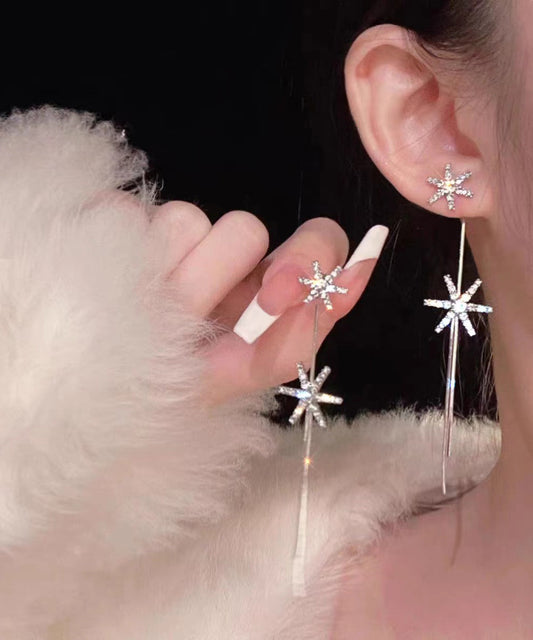 Boucles d'oreilles pendantes fines en acier inoxydable avec pampilles en forme de flocon de neige et zircon - Amawinc