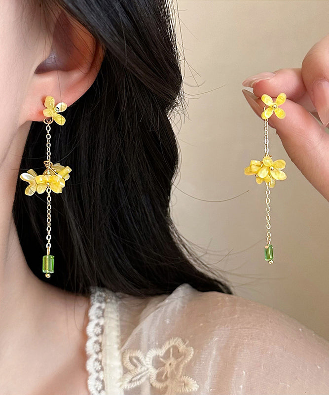 Boucles d'oreilles pendantes fines en acrylique jaune avec pampilles en forme de fleur d'osmanthus - Amawinc