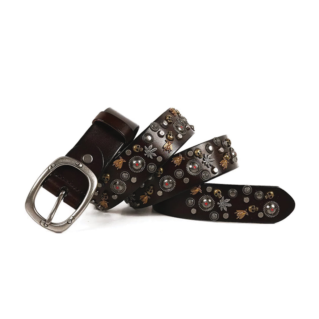 Ceinture Cuir Véritable Crâne Rivetée Punk Avec Boucle En Alliage D'Acier Pour Homme Femme Style Rebelle Durable