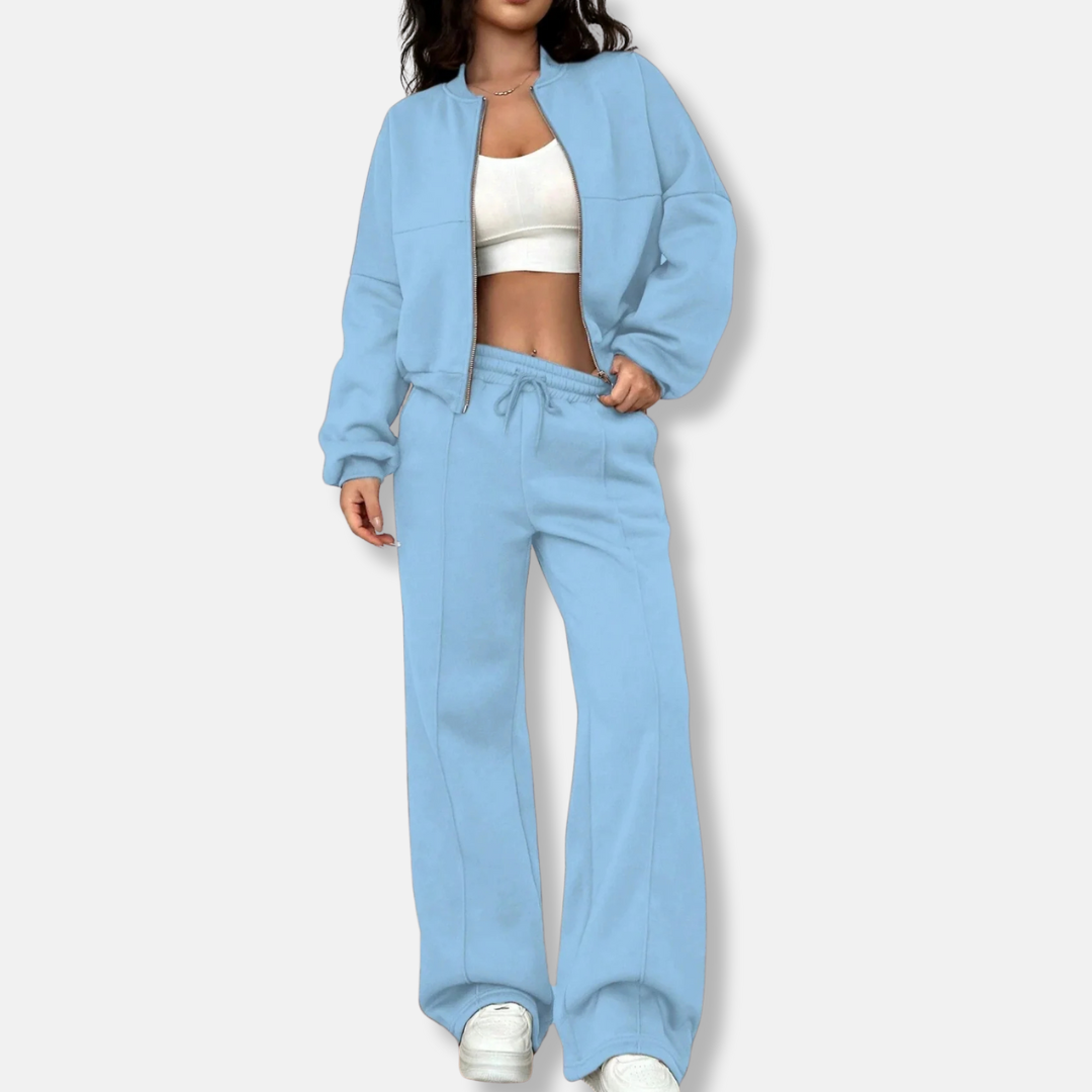 Ensemble Deux Pièces Loungewear Pour Femme Veste Bomber Décontractée Pantalon Taille Haute Évasé