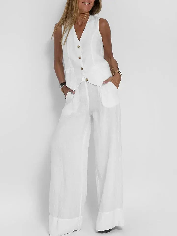 Amawinc Ensemble Deux Pièces Blanc Pour Femmes Gilet Sans Manches Et Pantalon Large