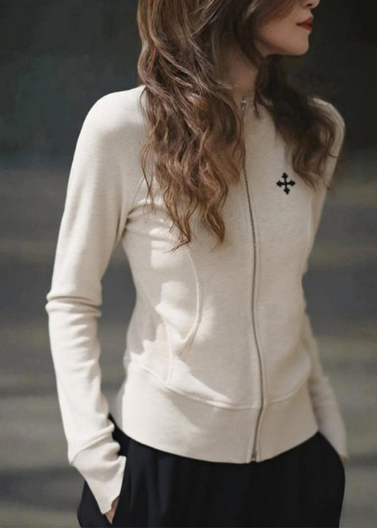 Manteaux en coton beiges slim fit à col rond et fermeture éclair patchwork pour l'automne - Amawinc