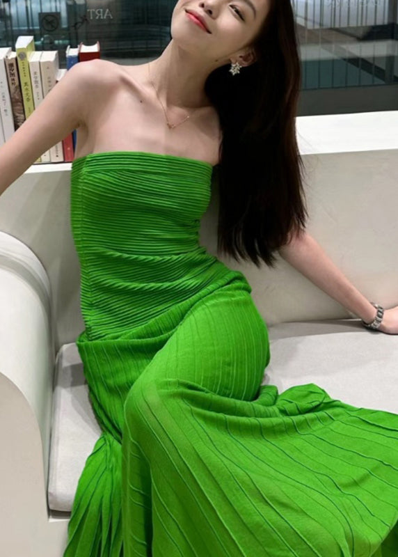Robe longue en tricot à épaules dénudées et coupe slim verte pour l'été - Amawinc