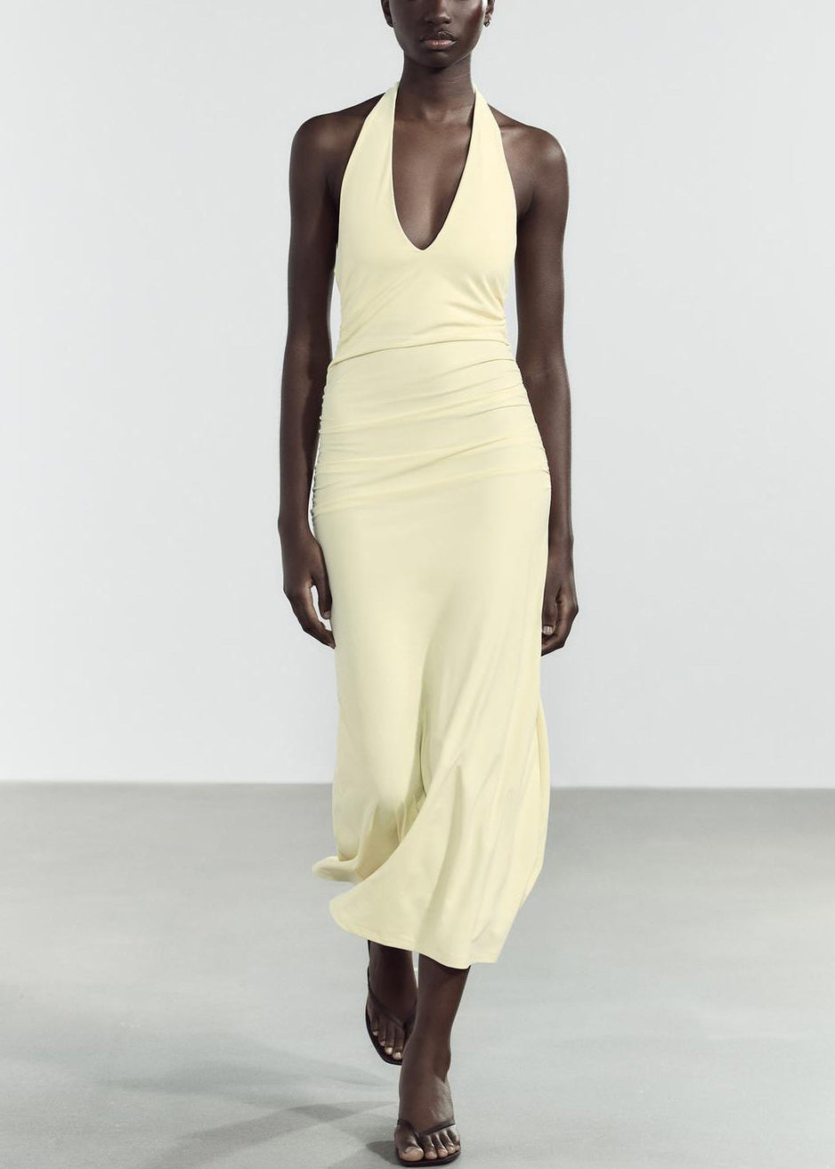 Robe longue en coton jaune clair, coupe ajustée, col en V, dos nu, sans manches - Amawinc