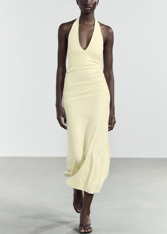 Robe longue en coton jaune clair, coupe ajustée, col en V, dos nu, sans manches - Amawinc