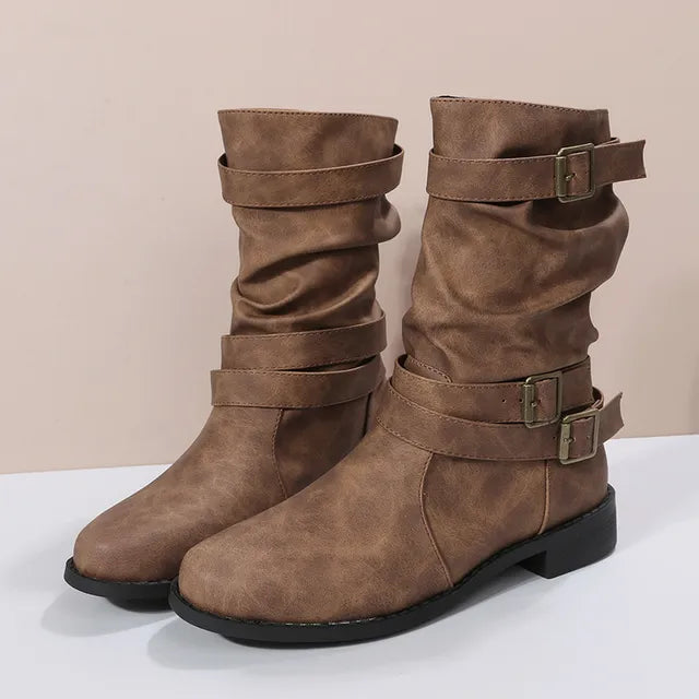 Bottes Mi Mollet Pour Femmes Élégantes Confortables Avec Boucles Chic Décontractées Semelle Plate