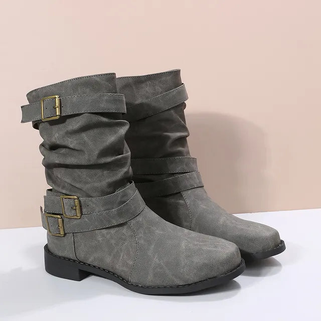 Bottes Mi Mollet Pour Femmes Élégantes Confortables Avec Boucles Chic Décontractées Semelle Plate