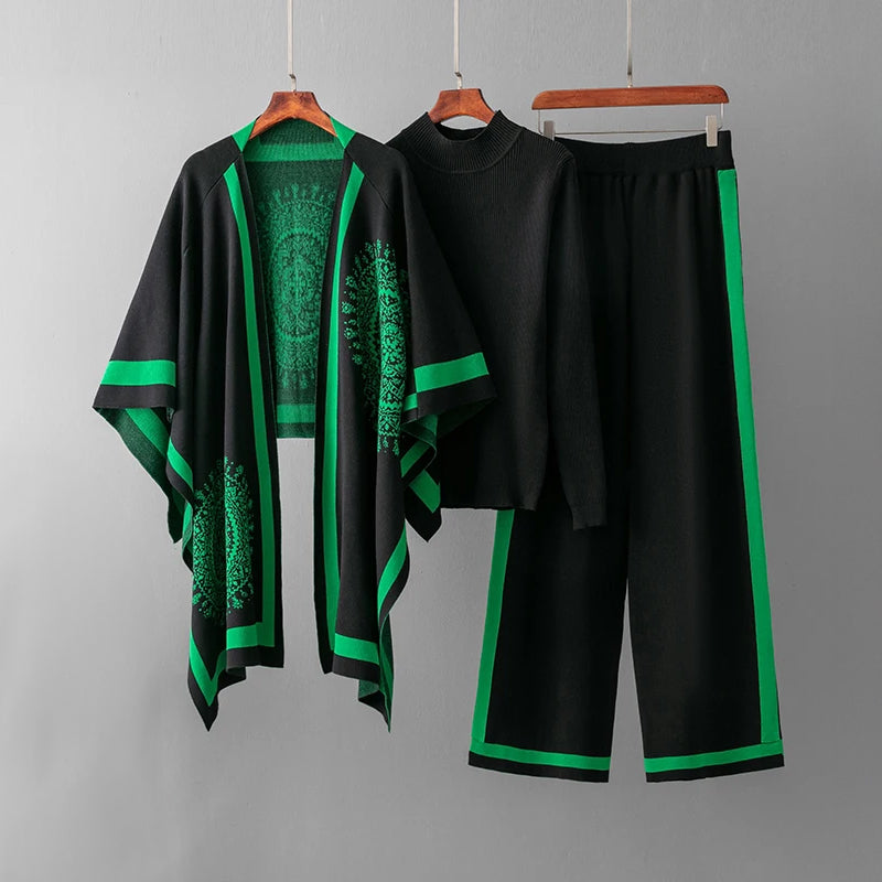 Ensemble Tricot 3 Pièces Sofia Amoretti Avec Kimono Cardigan Élégant Pull À Col Haut Et Pantalon Large Bord Noir