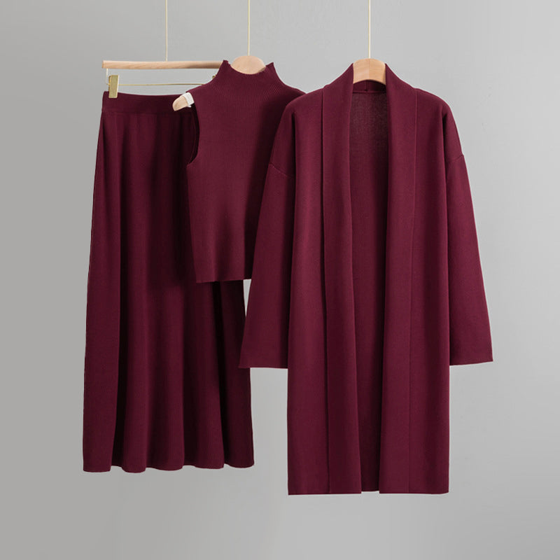 Sofia Amoretti Amber Ensemble 3 Pièces En Maille Fine Avec Cardigan Ouvert Top Sans Manche Et Jupe Midi Évasée