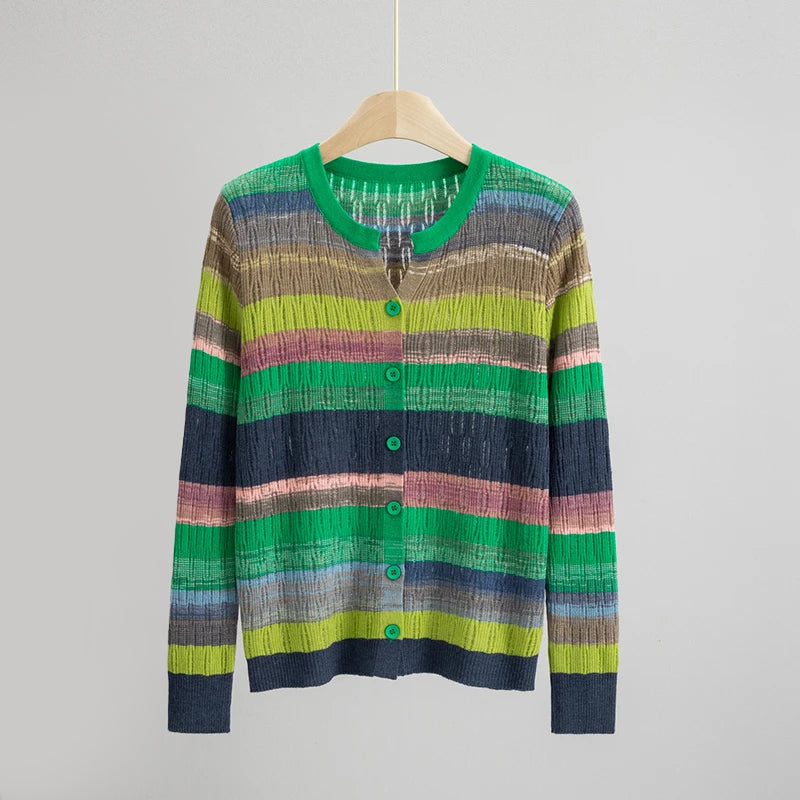 Sofia Amoretti Arcobaleno Cardigan en Maille Léger avec Rayures Multicolores Élégant Chic