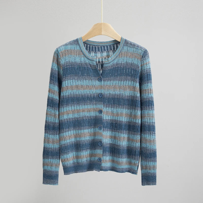 Sofia Amoretti Arcobaleno Cardigan en Maille Léger avec Rayures Multicolores Élégant Chic