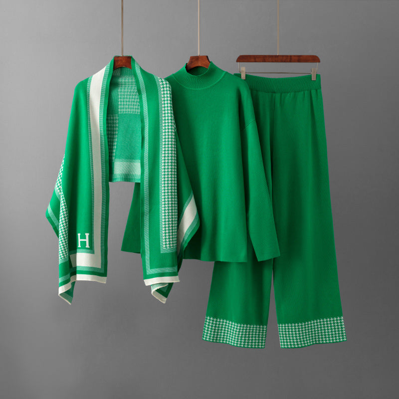 Ensemble Trois Pièces Sofia Amoretti Leone Col Roulé Décontracté Pantalon Large Cardigan Ouvert
