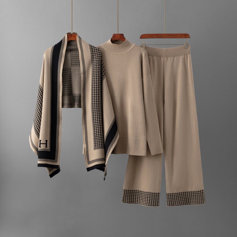 Ensemble Trois Pièces Sofia Amoretti Leone Col Roulé Décontracté Pantalon Large Cardigan Ouvert