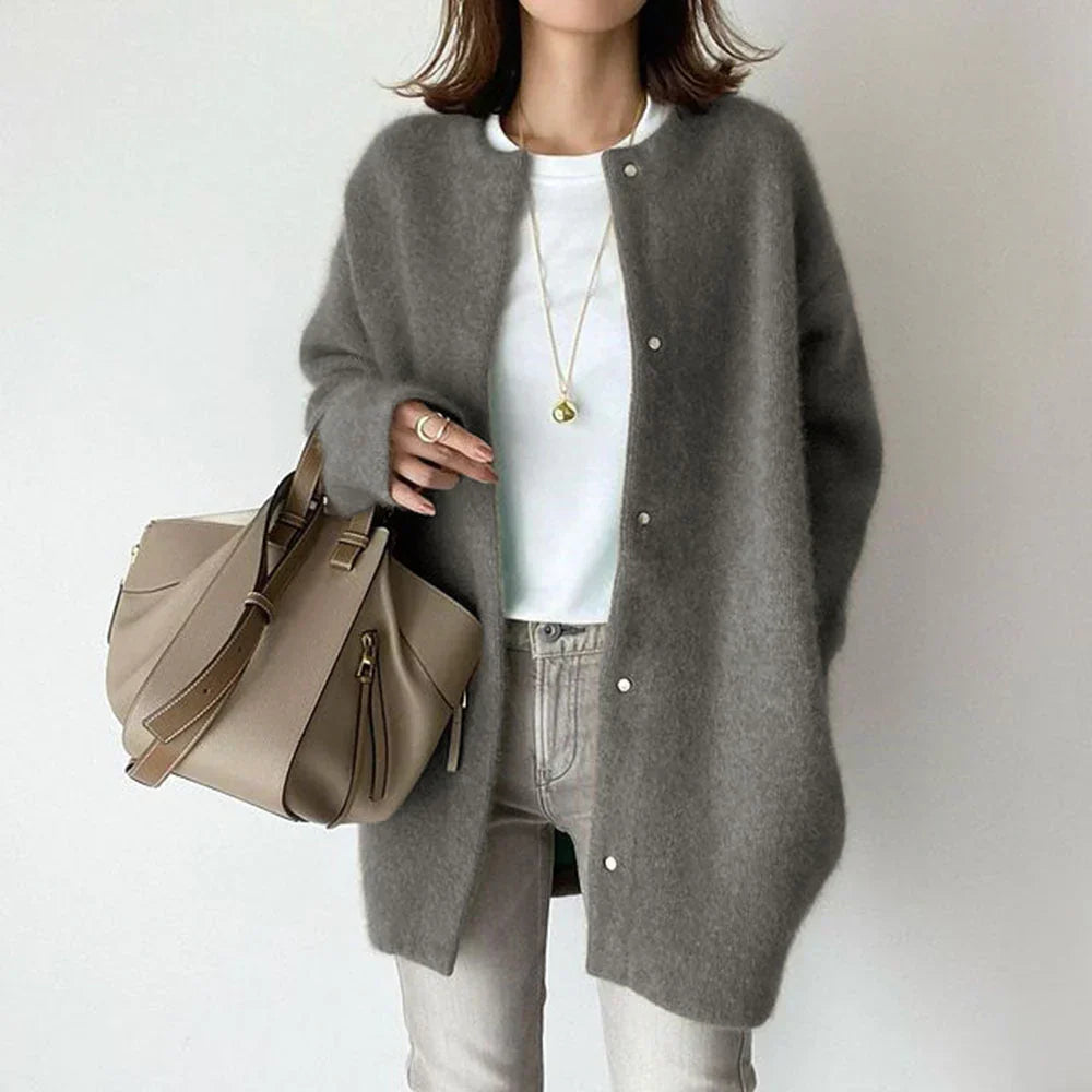 Cardigan Femme En Laine Mélangée Oversize Boutonné Mi Long Pour Automne Hiver Printemps Confort Chaud