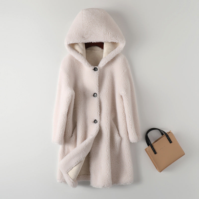 Amawinc Manteau Teddy Femme Oversize À Capuche Boutonné Longueur Moyenne Peluche Chaud Et Confortable