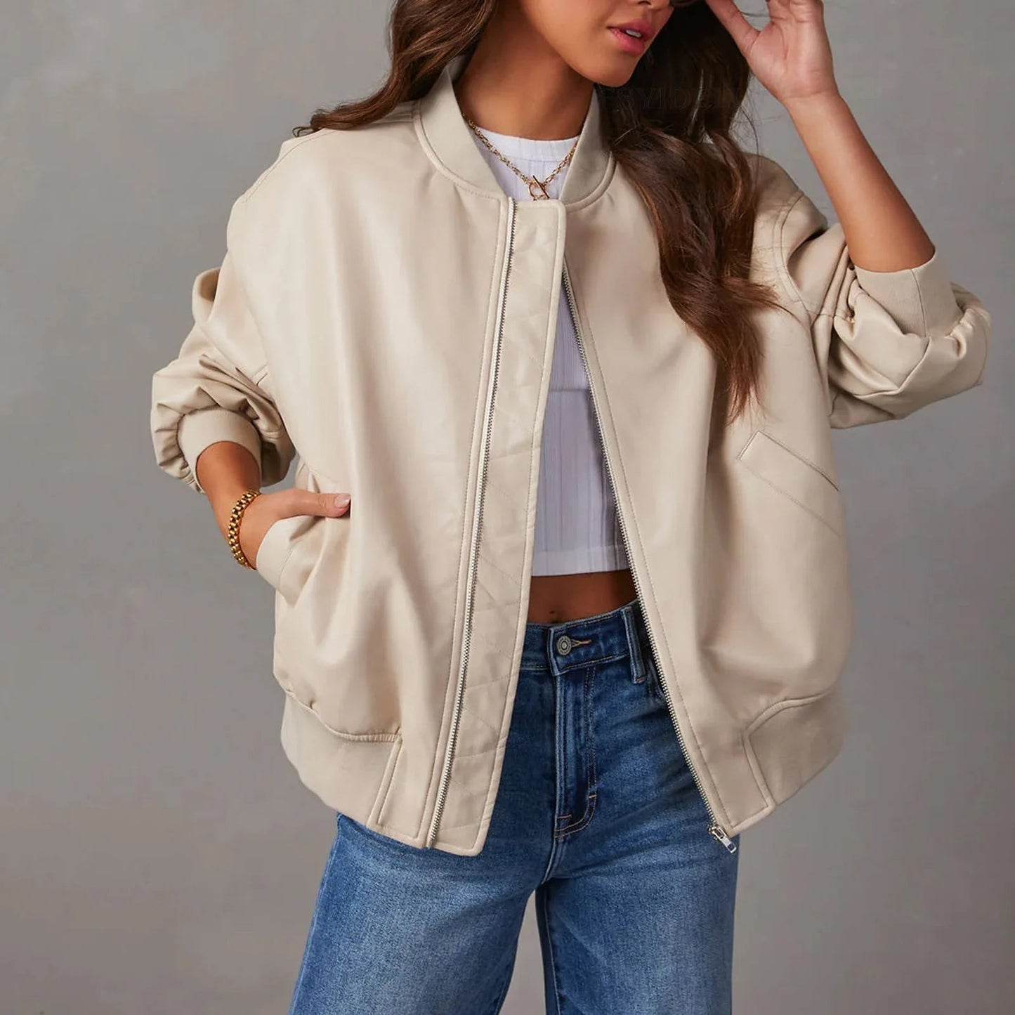Veste En Cuir PU Rogue Sofia Amoretti Avec Zip Audacieux Col Debout Décontracté Pour Femmes Modernes