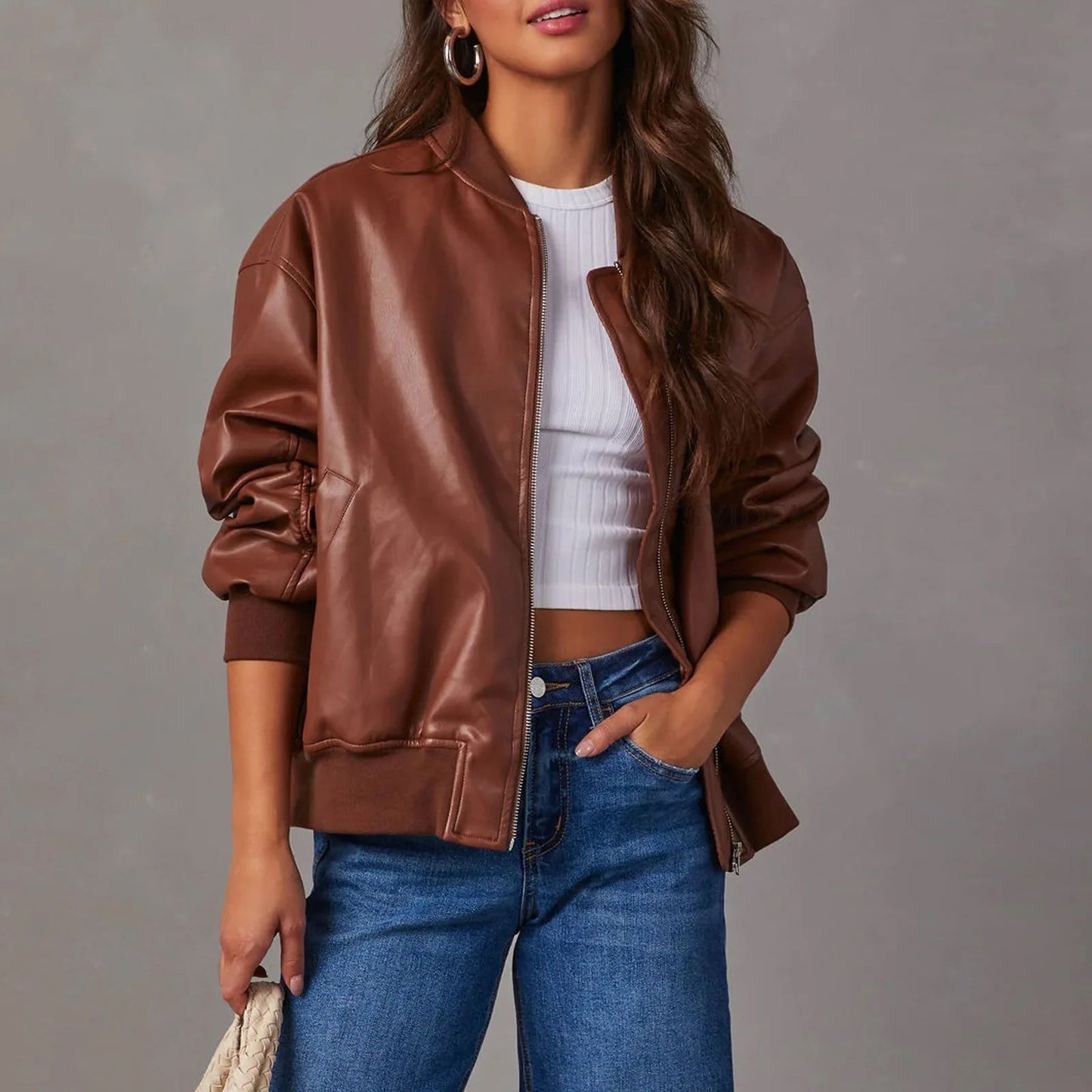 Veste En Cuir PU Rogue Sofia Amoretti Avec Zip Audacieux Col Debout Décontracté Pour Femmes Modernes