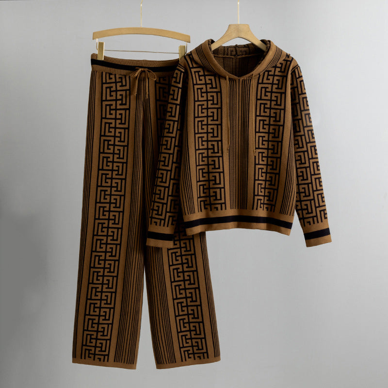 Sofia Amoretti Ensemble Tricot Tendance Avec Capuche Pantalon Motif Meander Confortable Et Moderne