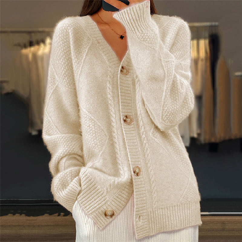 Cardigan Tricoté Joselyn Signé Sofia Amoretti Rose Pâle Col En V Boutons Opalescents Et Côtes Délicats