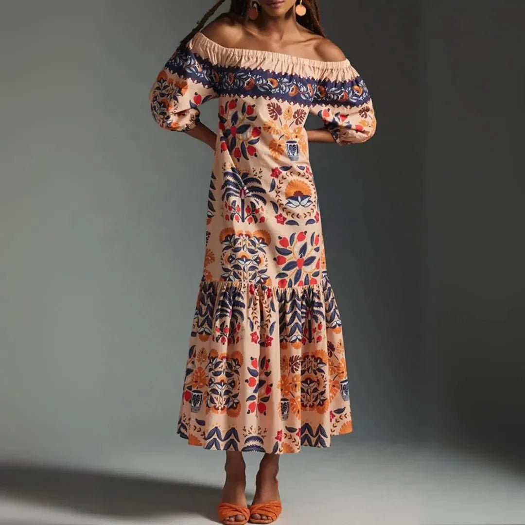 Robe Maxi Bohème Solana Épaules Dénudées à Fleurs Multicolores Idéale Été Vacances