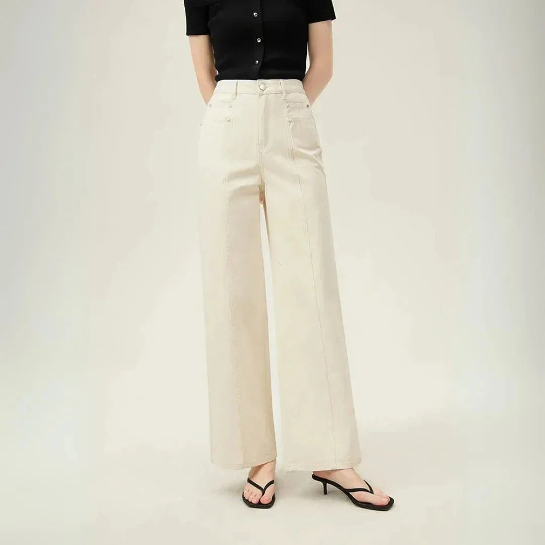 Pantalon Denim Crème Taille Haute À Jambes Évasées Sophia Confort Moderne Pour Toutes Occasions